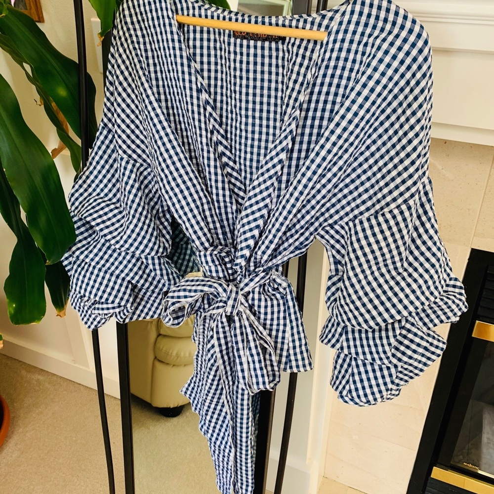 Blue Gingham Wrap Top